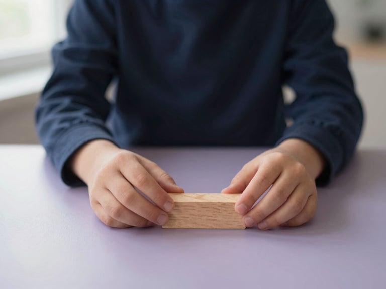 A child's hands gently placing a wooden block on a table, viewed from above, suggesting focused activity and assessment, in a calm, neutral environment, soft natural window light, muted navy and slate-lilac tones, shallow depth of field, 35mm