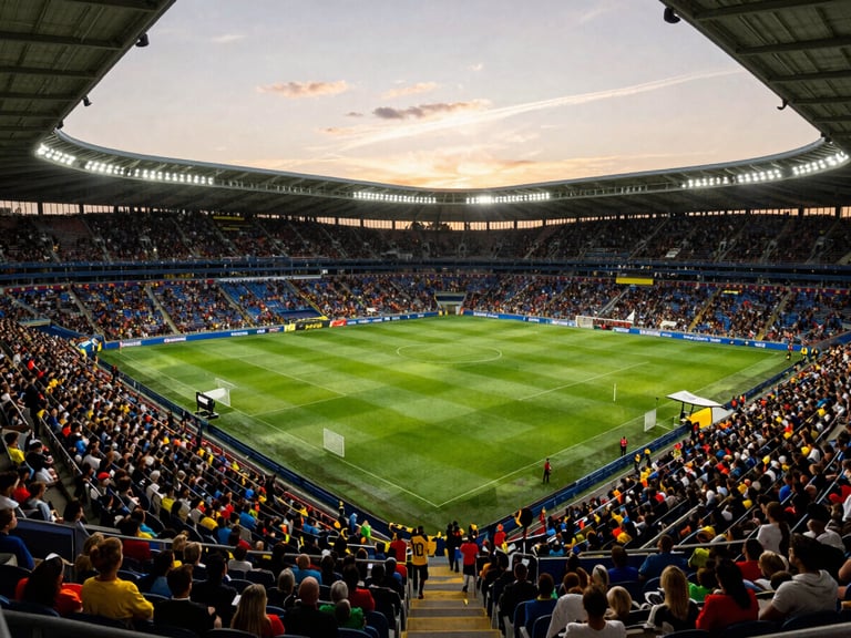 Dramatic high-angle view of a European football stadium under bright floodlights, vibrant crowd colors, cinematic atmosphere