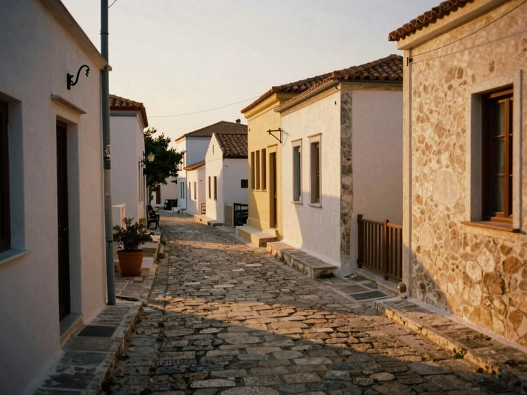 Sun-drenched narrow stone street in a quiet Greek village, soft golden-hour shadows, cinematic travel photography