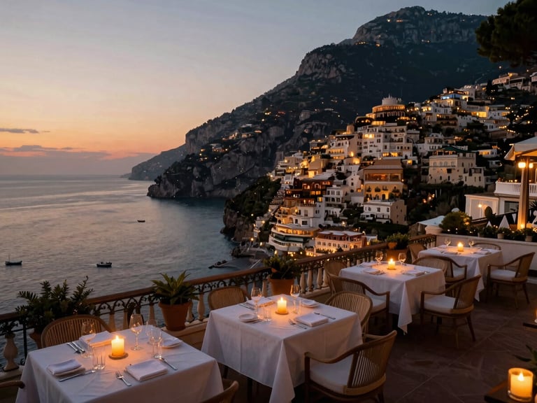 Luxury hotel terrace overlooking the Amalfi coast at dusk, warm ambient candle light, elegant editorial framing