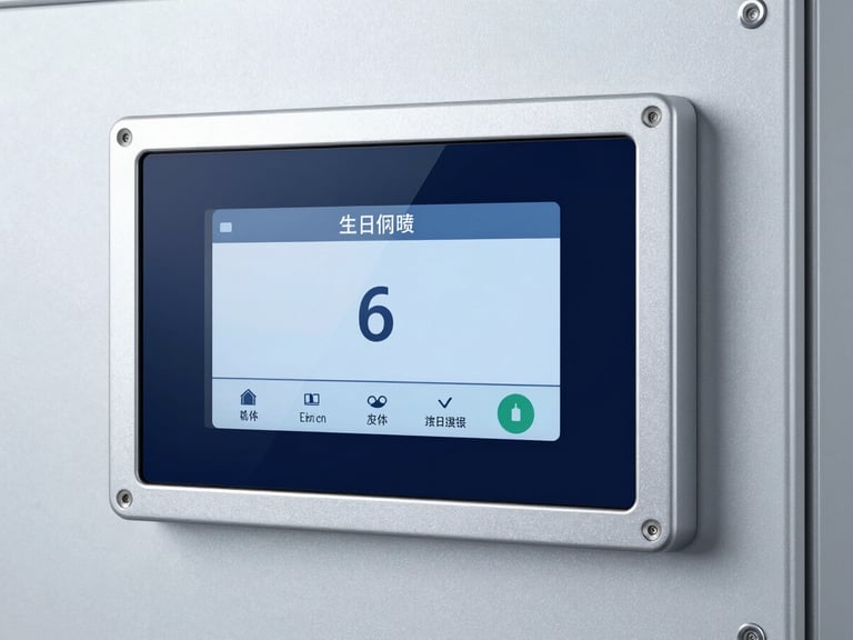 Sleek marine approved touch panel PC with robust aluminum bezel, clinical light-gray metallic background, cold bright studio lighting, sharp focus
