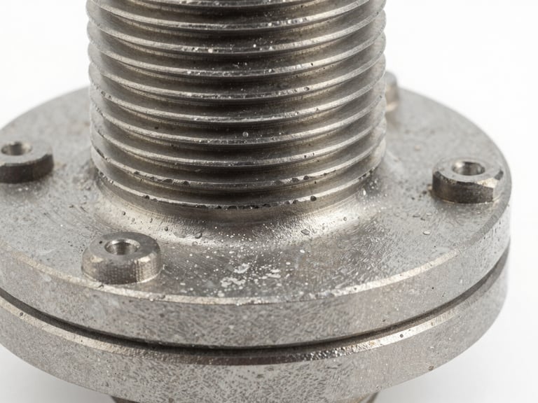 Macro shot of heavy-duty forged steel wellhead flange, bright industrial studio lighting, sharp focus on precision threads and metal finish, neutral gray tones, 50mm.
