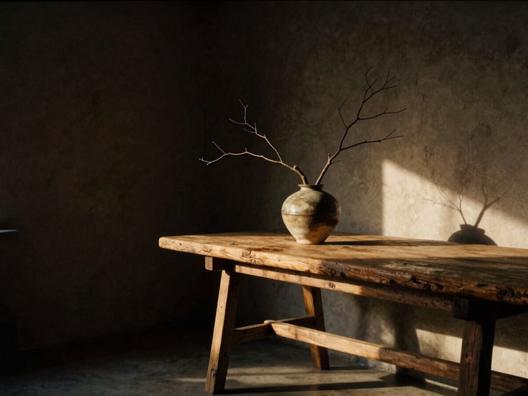 Moody editorial photography of a staged interior corner, low-angle golden hour light casting long shadows. A heavy weathered oak table sits against a dark textured plaster wall, with a single ceramic vessel holding a sculptural branch. Medium format film, shallow depth of field.
