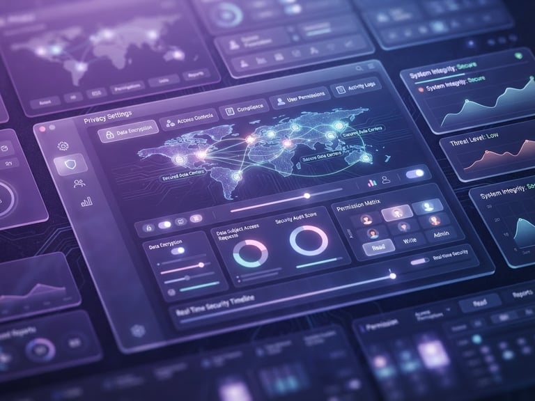 High-resolution mockup of a Marvionex dashboard, displaying data privacy settings and access controls, with a subtle purple and blue glow, shallow depth of field, 8k.