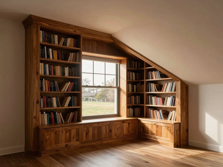 Wide environmental shot of a built-in reading nook — a window seat with flanking bookcases, photographed in golden-hour light pouring through the window. The millwork wraps around a non-standard alcove, with custom scribed returns meeting an angled ceiling on one side. Empty room, no styling. Framing shows the full architectural context of how the joinery resolves the irregular geometry.