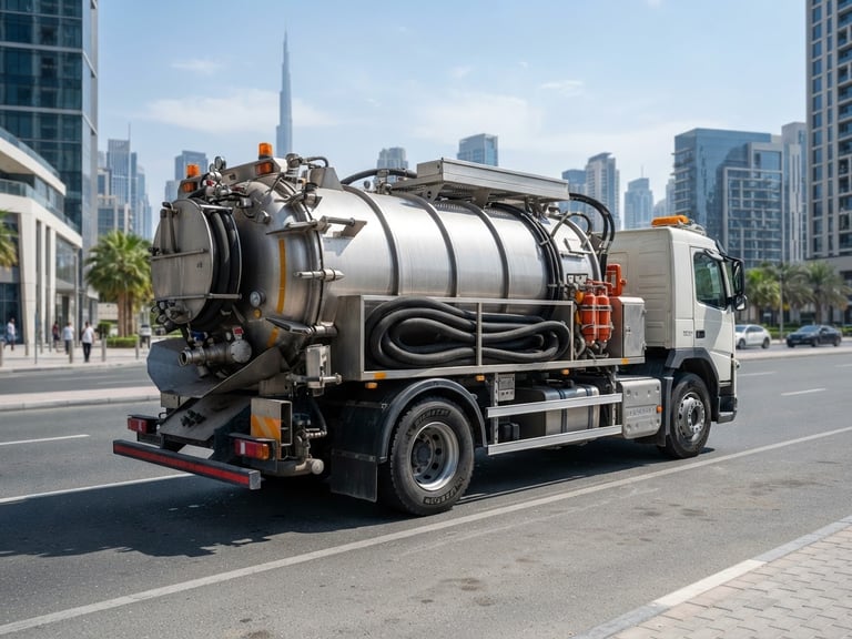 A professional high-capacity vacuum tanker truck parked on a clean Dubai street, bright direct sunlight, sharp focus, 35mm