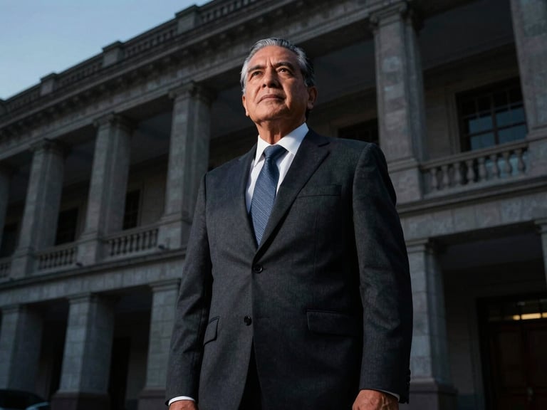 Low-angle heroic portrait of a senior Mexican defense attorney in a dark charcoal suit, standing in front of a modern neoclassical judicial court building in Guanajuato, dramatic low-key directional lighting, 35mm