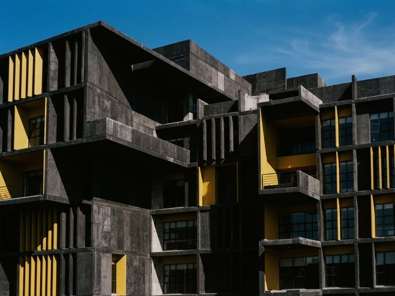High-contrast architectural photography of a modern concrete building facade in Puebla, sharp geometric lines, dramatic natural daylight, black and mustard tones, 35mm