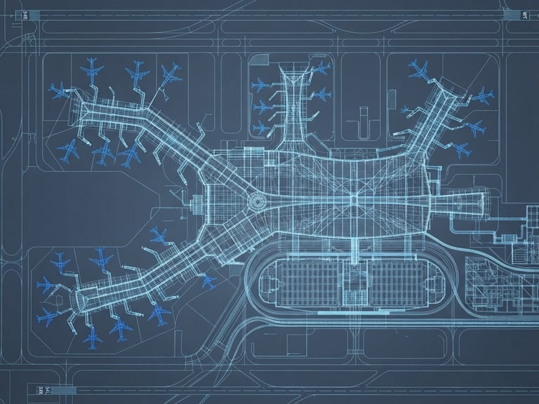 Orthographic perspective of a highly dense digital BIM wireframe model of an airport terminal, cool blue and slate tones, sharp technical lines, bright daylight lighting.