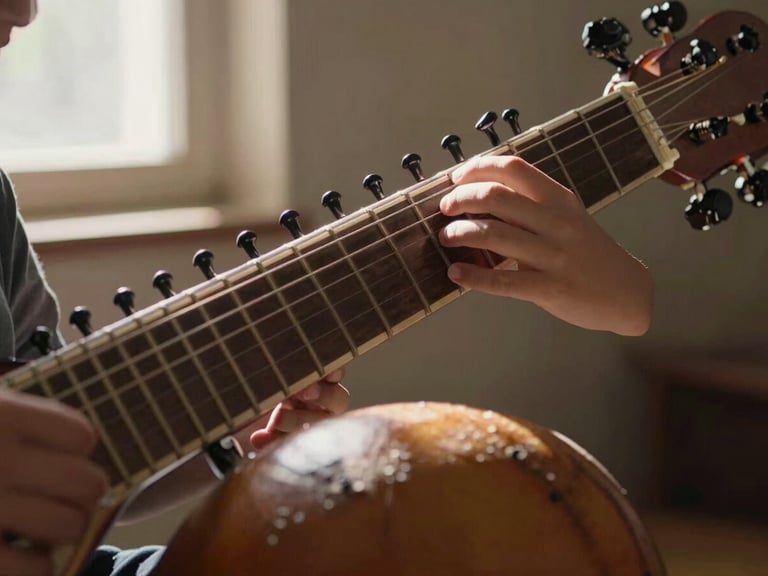 Close-up of a student's left hand pressing sitar frets mid-practice, an instructor's hand visible at the frame edge guiding finger placement, warm side-light from a single window source casting strong shadows across the fretboard, the gourd of the sitar curving out of focus in the lower frame
