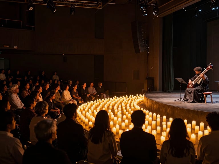 Wide panoramic view of a candlelit mehfil performance space, a sitar player seated at the right third of the frame, audience in shadow facing the stage, warm amber stage lighting raking across the instrument, generous dark negative space to the left