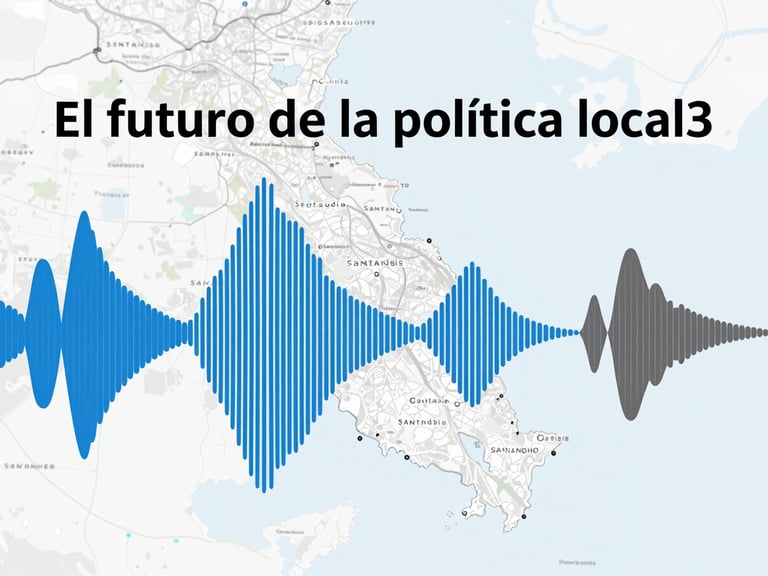 Podcast cover art for 'El futuro de la política local', featuring abstract sound waves in electric blue and dark grey, with a subtle map of Santander in the background. Clean editorial style.