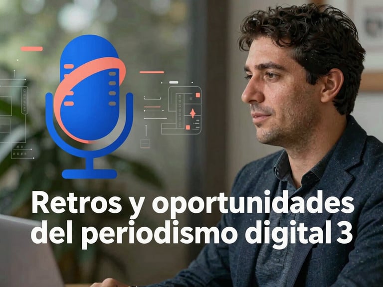 Podcast cover art for 'Retos y oportunidades del periodismo digital', featuring a microphone icon intertwined with a data visualization, in electric blue and subtle coral accents. Editorial and dynamic.