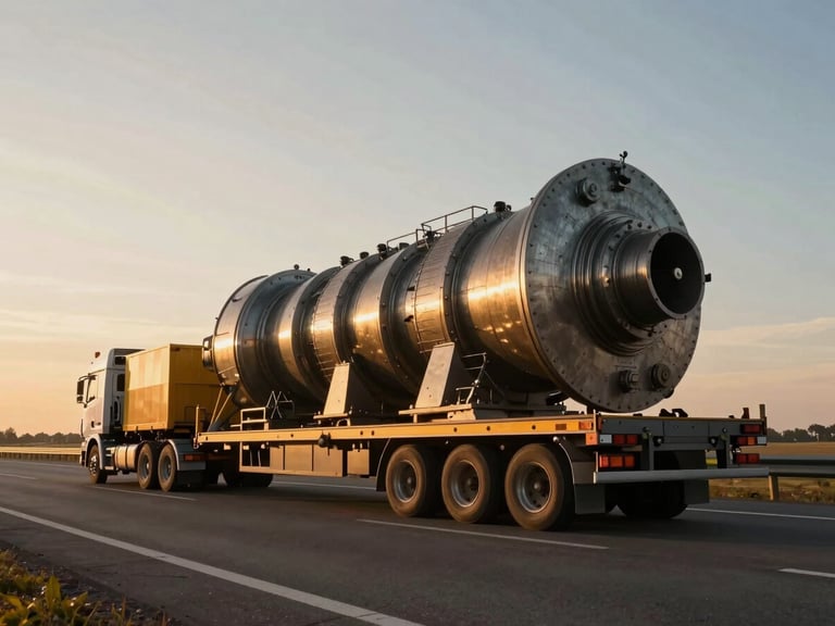 Low-angle wide shot of a massive multi-axle hydraulic trailer transporting a heavy industrial turbine on a highway during golden hour, high-contrast steel and amber tones.