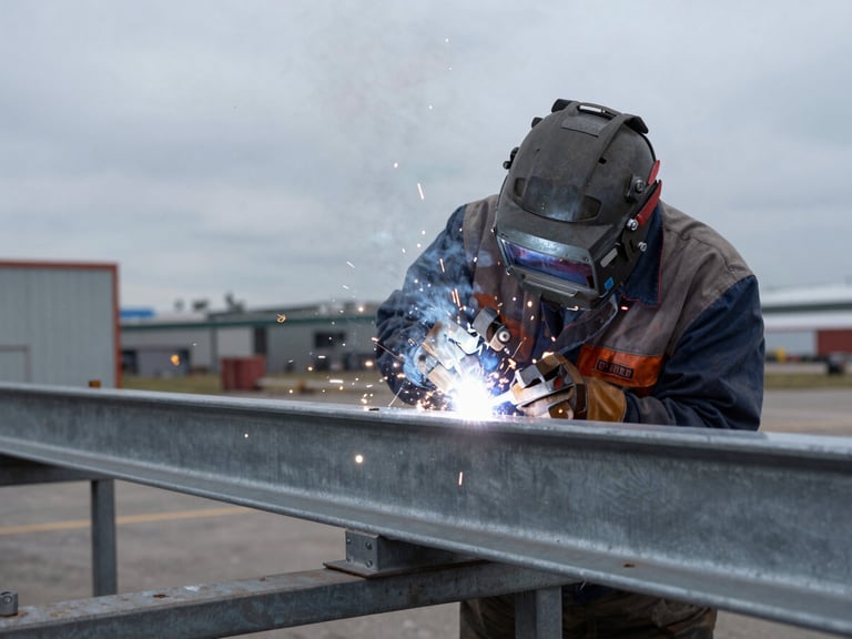 An AWS-certified technician welding a heavy-duty steel trailer crossmember on an industrial lot, overcast daylight, sharp focus, 35mm