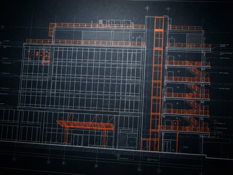 dark moody technical photography, blueprint of a commercial building facade, high-contrast orange line accents, sharp architectural details, dramatic low-key lighting, 50mm