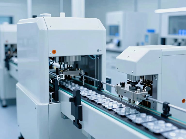 Wide shot of an automated pharmaceutical production line, sterile white machinery, blister packs moving along a conveyor, cool blue lighting, sharp focus.