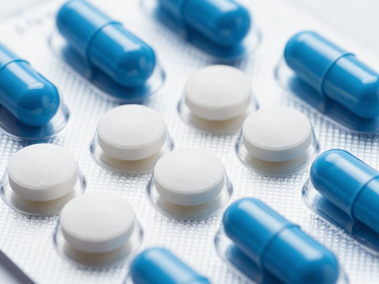 Macro shot of clean white pharmaceutical tablets and blue capsules in a sterile blister pack, high-key clinical lighting, 35mm
