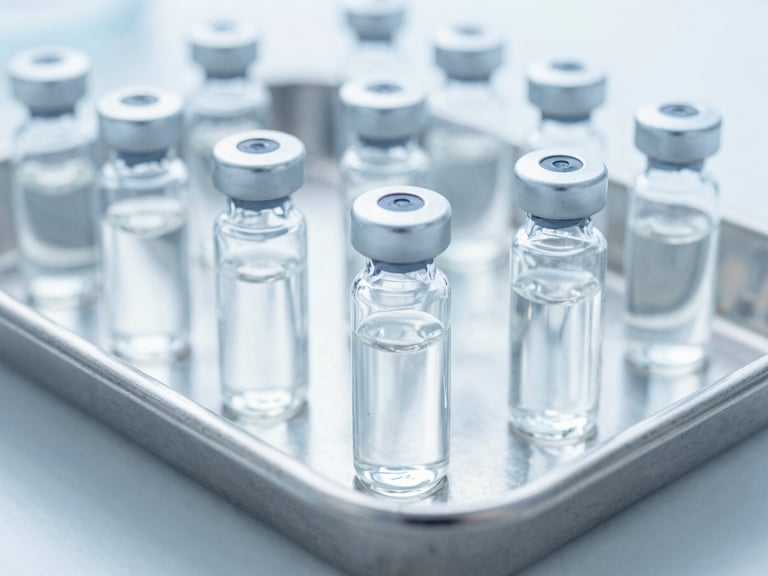 Close-up of sterile glass vials with clear liquid medicine on a stainless steel laboratory tray, cool blue tones, shadowless lighting, 35mm