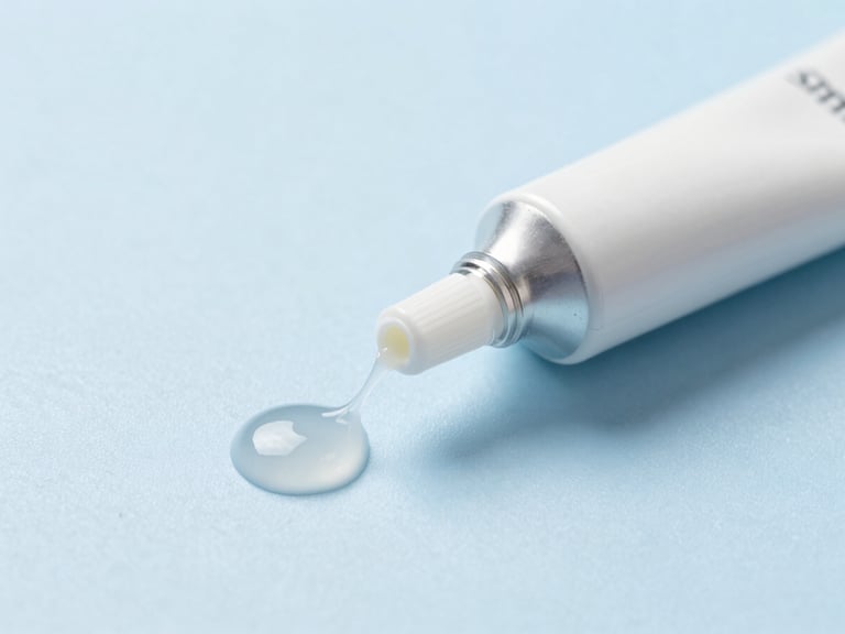 Macro shot of a clean white ointment tube dispensing a precise line of gel onto a sterile surface, high-precision laboratory setting, 35mm