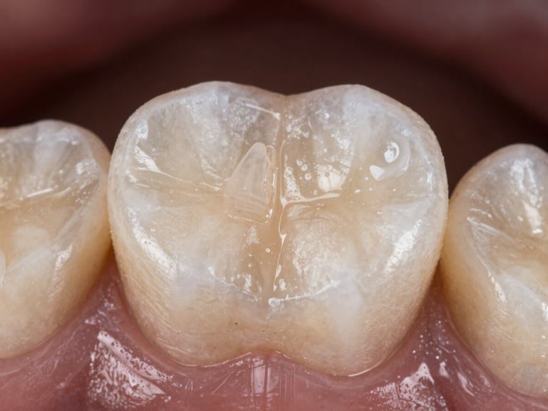 Macro shot of a single zirconia crown showing realistic translucency and micro-texture under warm studio highlights, clinical depth of field
