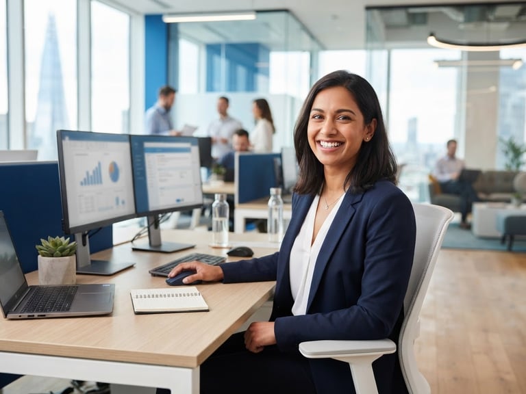 Bright modern office interior, a professional support representative smiling, natural daylight, blue and white tones, clean professional editorial.