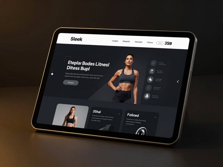 Sleek dark-mode fitness website demo displayed on a modern tablet, warm golden highlights on the screen bezel, dramatic low-key studio lighting, 35mm lens