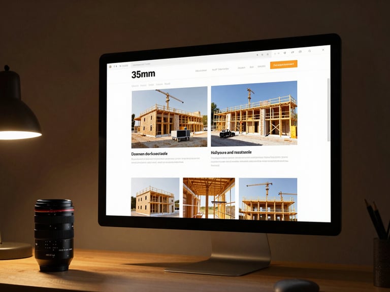 High-fidelity construction website demo on a desktop monitor, sharp focus on a project gallery, warm ambient golden light, dark workspace background, 35mm lens