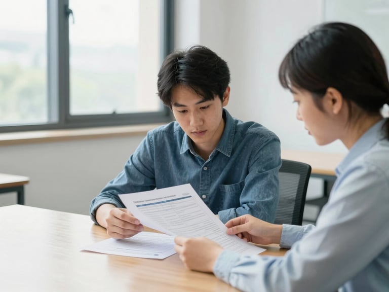 A quiet mentoring session in a bright office, a student and advisor looking over academic planning documents on a wooden table, soft natural window light, 35mm