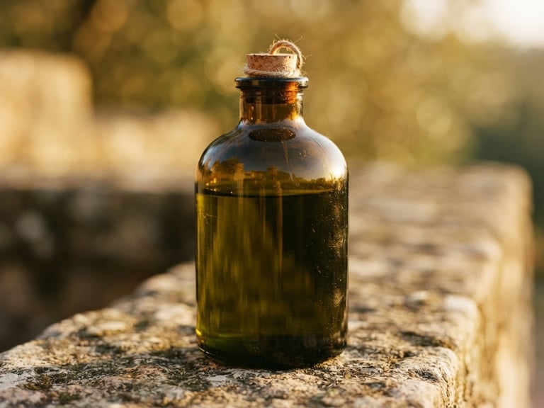 Macro close-up of a dark amber glass bottle sitting on a stone surface, warm golden-hour side light reflecting through olive-green liquid, soft shadows.