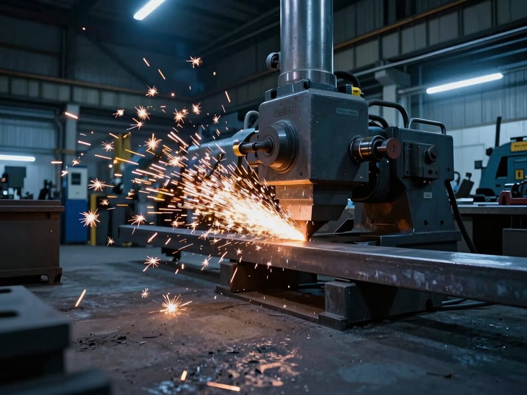 Dramatic industrial workshop with sparks flying from heavy steel cutting, cool blue tones with warm spark accents, wide-angle lens, professional engineering environment