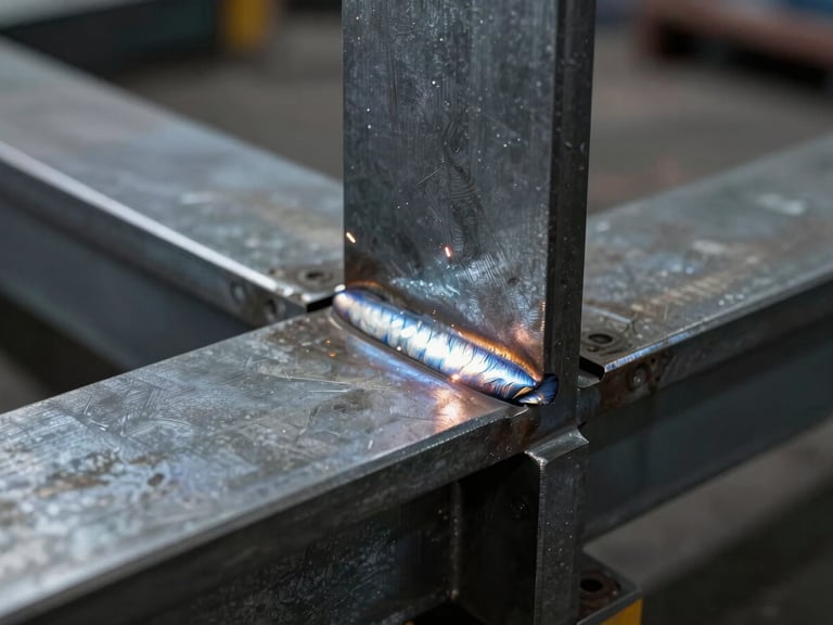 Dramatic close-up of a structural steel joint, precise weld seam detail, cool steel gray metal texture, high-contrast industrial lighting, shallow depth of field.
