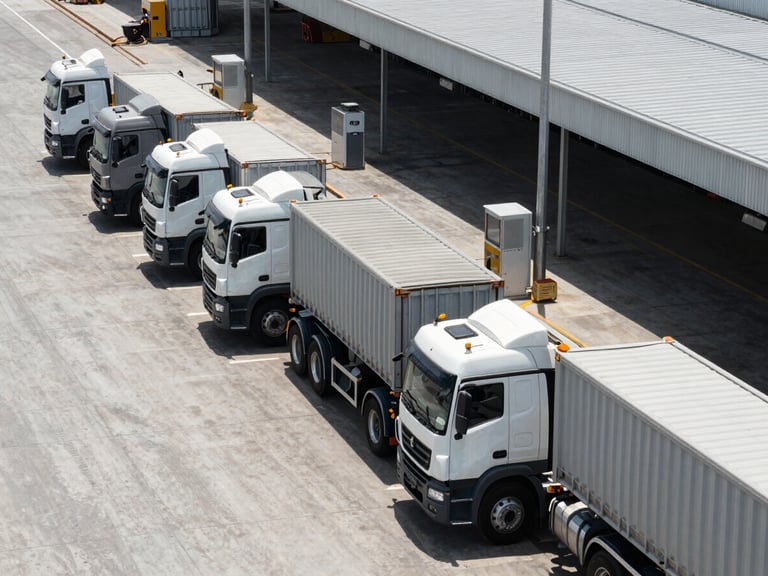 A line of heavy transport trucks aligned at a modern customs inspection port, overhead view, high-contrast daylight, clean concrete surfaces.