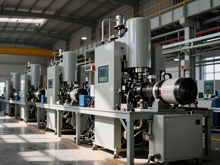 Interior of a modern manufacturing facility with high-contrast daylight, technical machinery, and steel structures, sharp focus, industrial atmosphere