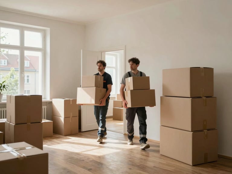 Wide environmental shot inside a cleared Ansbach apartment, two crew members in work gear carrying stacked boxes toward an open doorway, natural daylight from a large window on the left, orderly stacks of packed boxes along the wall