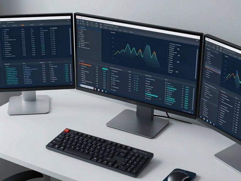 Overhead desk study of high-resolution monitors displaying complex data dashboards, cool diffused office light, low-saturation slate blue and charcoal tones, sharp focus, 35mm