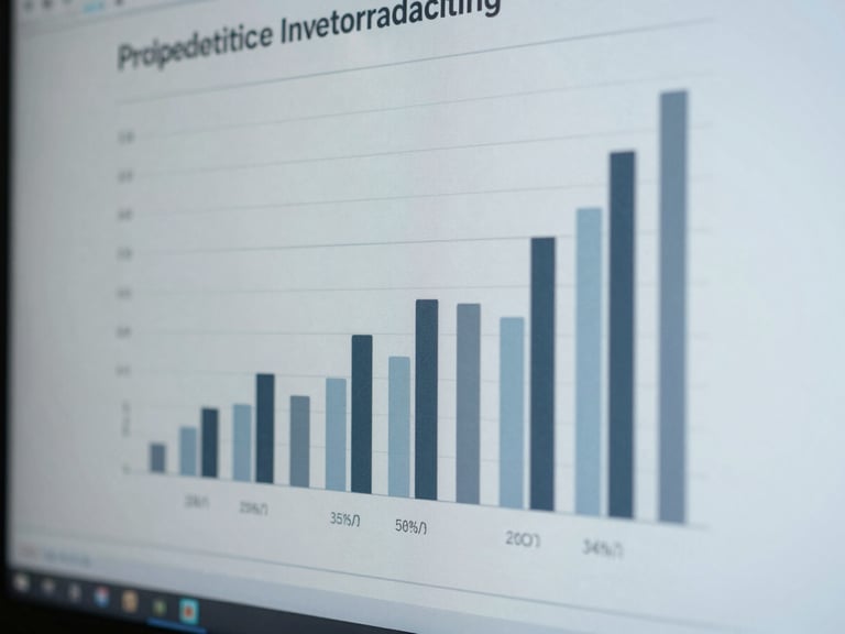 Macro shot of predictive inventory forecasting charts on a clean screen, cool diffused studio lighting, low-saturation slate blue tones, 35mm