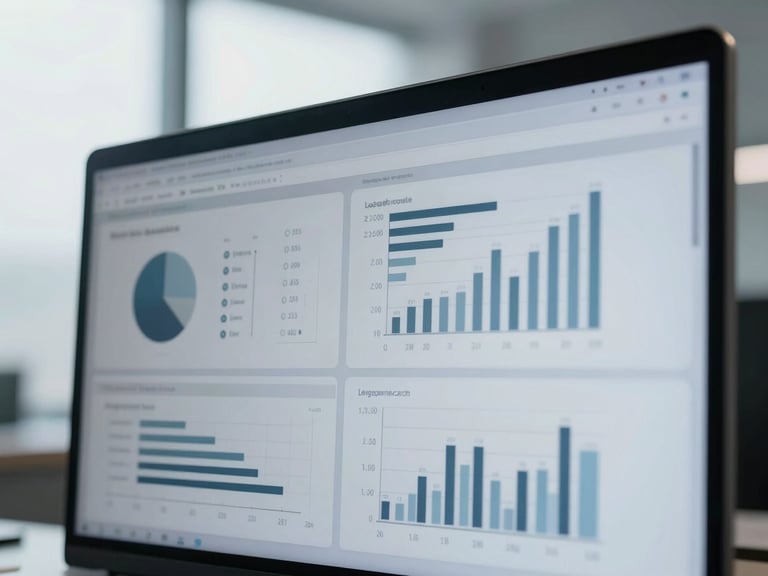 Close-up of a high-resolution monitor displaying complex logistics graphs, soft overcast daylight, minimalist professional photography, sharp focus, 35mm
