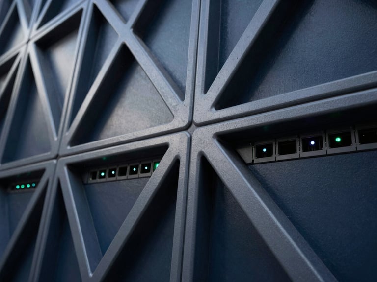 Close-up of a secure, geometric network switch panel with indicator lights, architectural details, cool studio light, deep navy and steel gray tones.