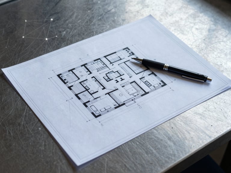 Overhead shot of a meticulously organized blueprint document on a steel gray table, with a pen and a subtle network diagram overlay, cool daylight.