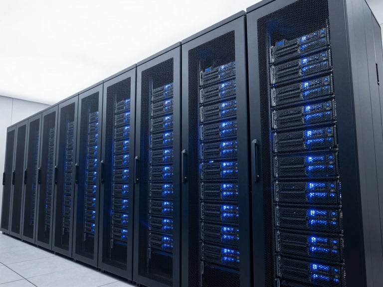 Wide-angle shot of a modern, secure data center server rack with cool blue lighting, architectural precision, sharp focus, deep navy and steel gray tones.