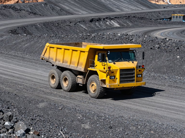A massive yellow dump truck driving on a wide, compacted gravel haul road at a South African open-cast mine, bright daylight, high contrast