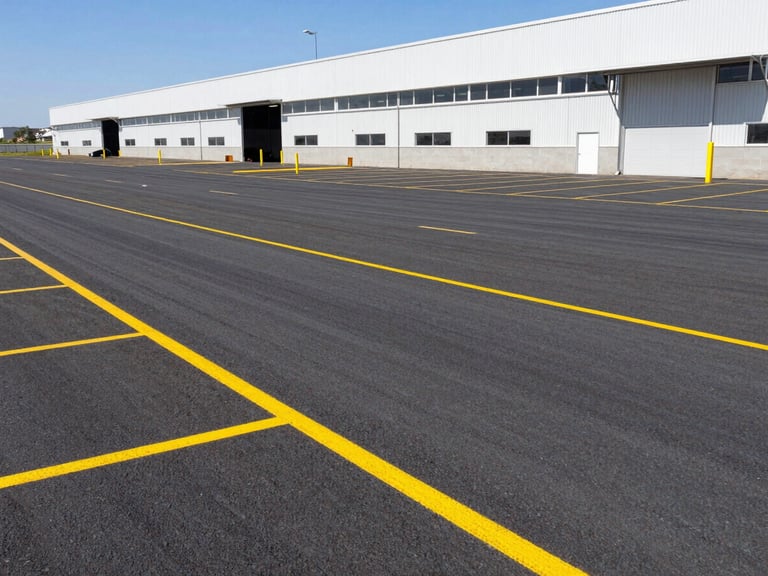 A newly completed asphalt parking lot and loading bay of a modern industrial warehouse, with a yellow road marking machine painting lines