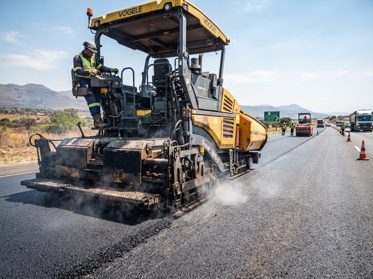 Low-angle heroic shot of a heavy paving machine laying hot-mix asphalt on a highway under bright South African daylight, rich charcoal and safety yellow tones