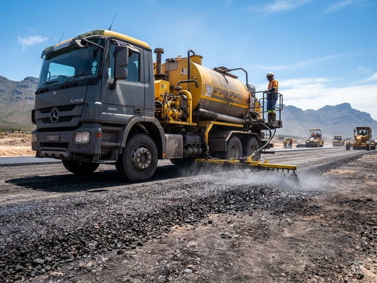 Low-angle heroic shot of a heavy bitumen distributor truck spraying hot liquid asphalt on a highway bed, bright high-contrast South African daylight, sharp shadows, rich charcoal and safety yellow tones