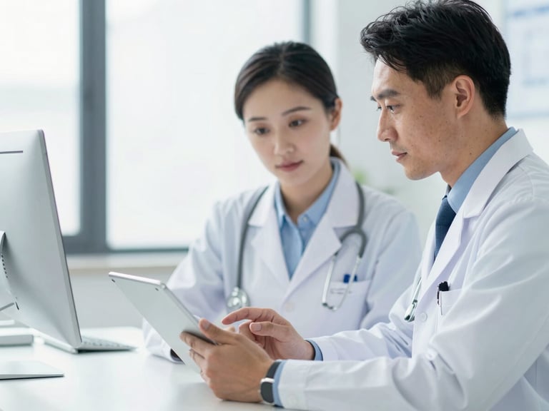 A focused healthcare executive sitting in a bright clinical office reviewing candidate credentials on a tablet, professional