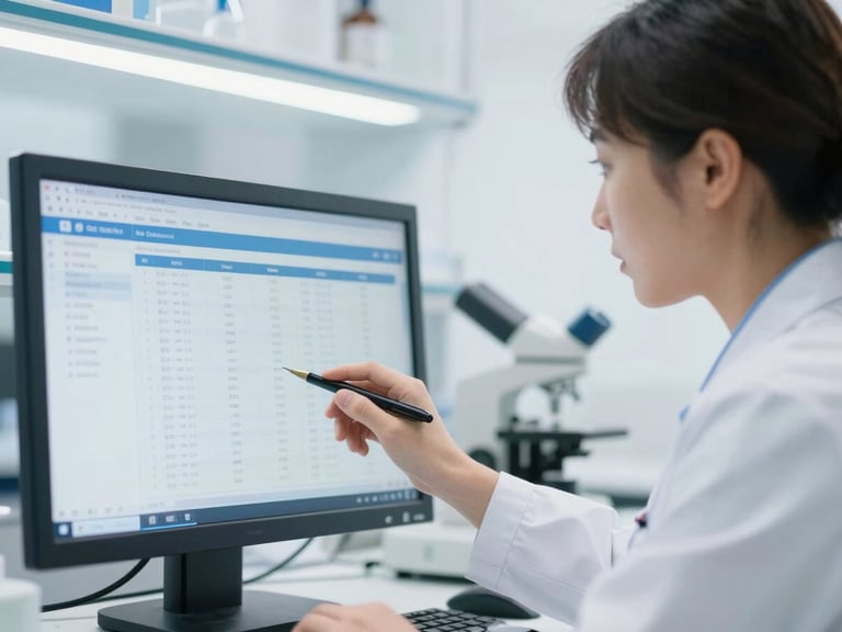 Close-up of a clinical researcher reviewing data on a screen in a bright, modern laboratory, clean clinical white light