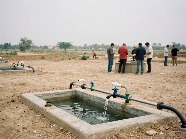 A wide environmental shot of a community water filtration station under natural overcast daylight, local organizers collaborating in the background, 35mm film style.