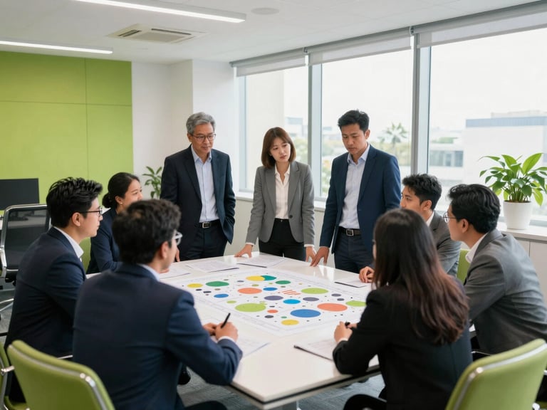 Wide environmental shot of business leaders collaborating around a project model in a modern Ranchi office, bright natural daylight, clean navy and green accents.