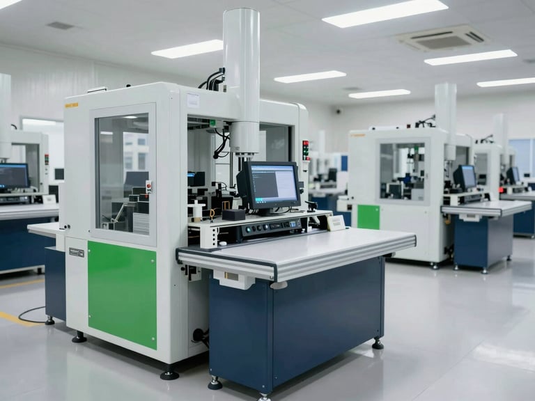 Modern industrial factory floor with high-tech equipment, clean professional environment, bright daylight.